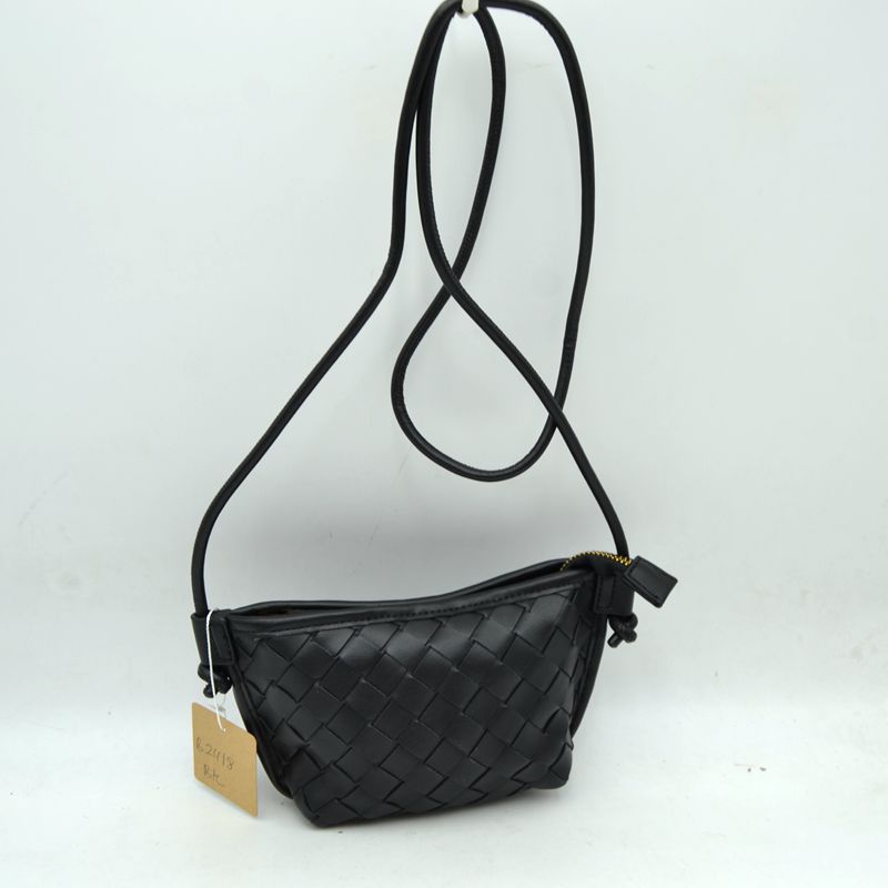 Woven Texture Small Crossbody Bag with Top Zipper and Cord Strap - Black - Crossbody Bag