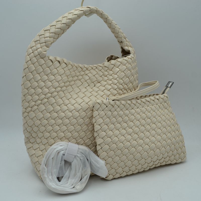 Woven Hobo Bag with Integrated Top Handle and Matching Pouch - Beige - Hobo Bags