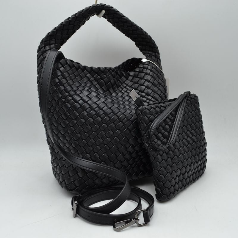 Woven Hobo Bag with Integrated Top Handle and Matching Pouch - Black - Hobo Bags