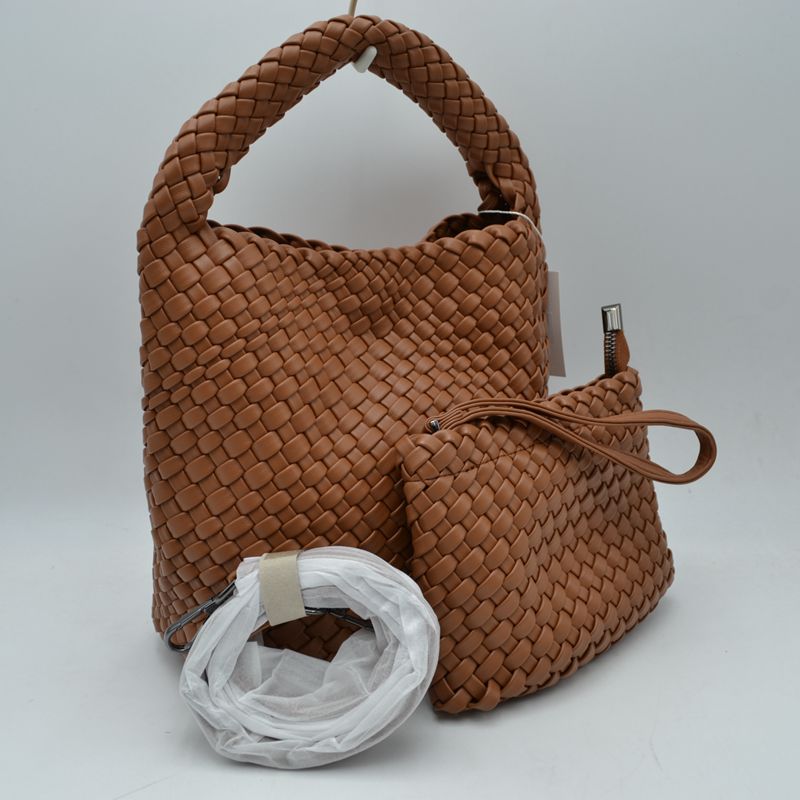 Woven Hobo Bag with Integrated Top Handle and Matching Pouch - Brown - Hobo Bags