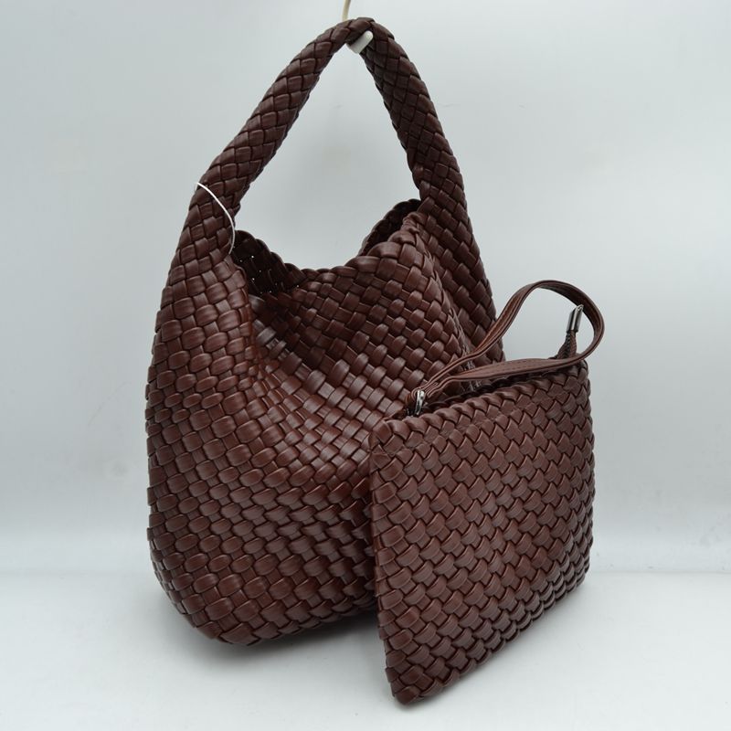 Woven Hobo Bag with Integrated Top Handle and Matching Pouch - Coffee - Hobo Bags