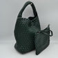 Woven Hobo Bag with Integrated Top Handle and Matching Pouch - Dark Green - Hobo Bags