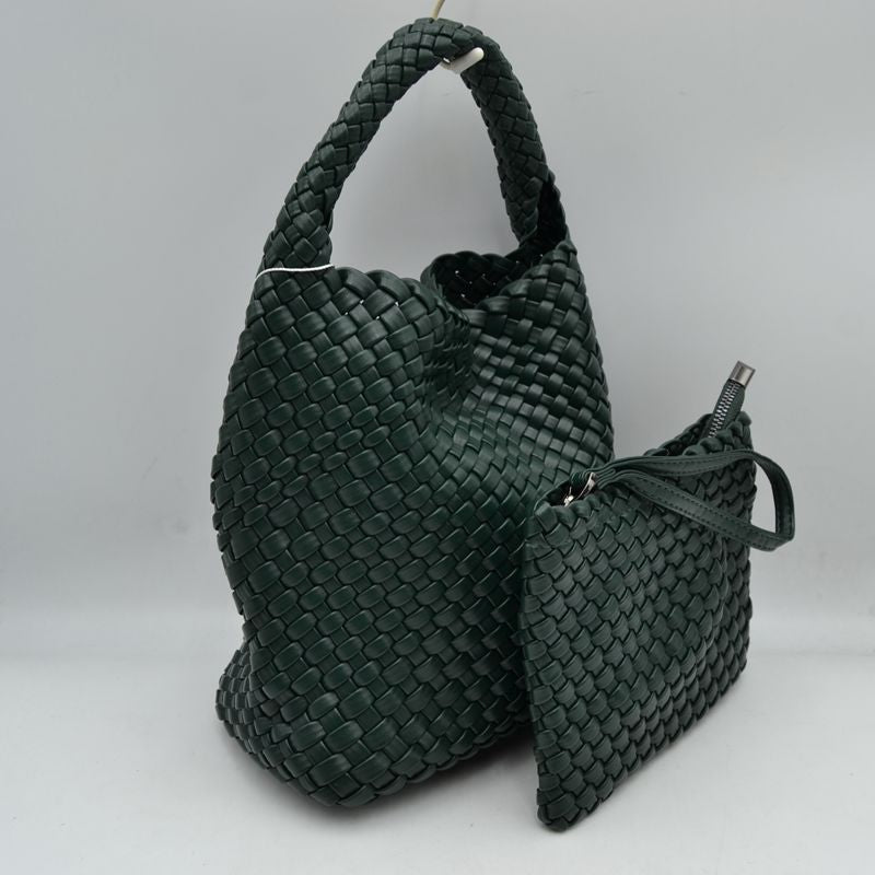 Woven Hobo Bag with Integrated Top Handle and Matching Pouch - Dark Green - Hobo Bags
