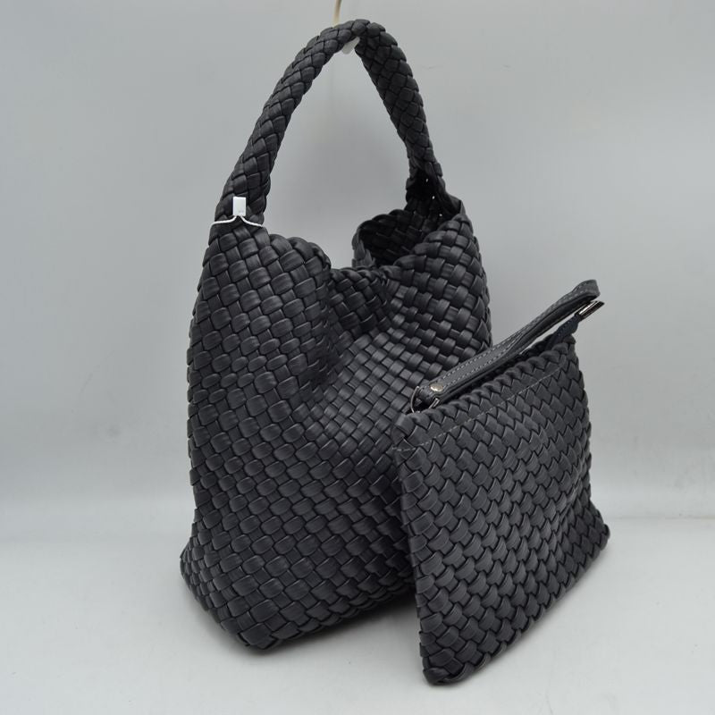 Woven Hobo Bag with Integrated Top Handle and Matching Pouch - Dusty Gray - Hobo Bags