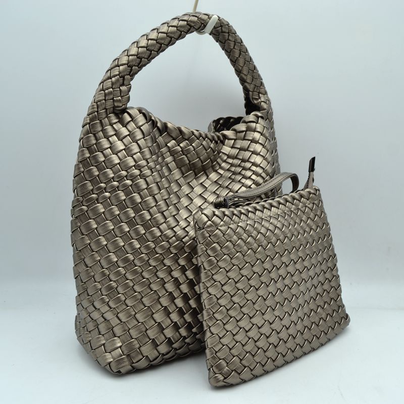 Woven Hobo Bag with Integrated Top Handle and Matching Pouch - Dusty Silver - Hobo Bags