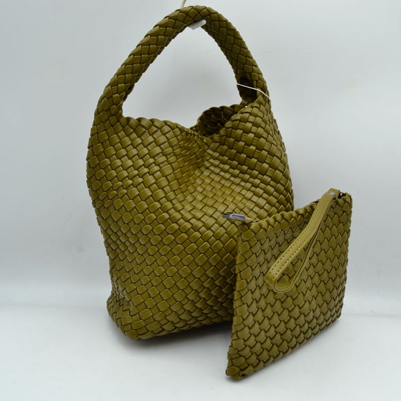 Woven Hobo Bag with Integrated Top Handle and Matching Pouch - Olive - Hobo Bags