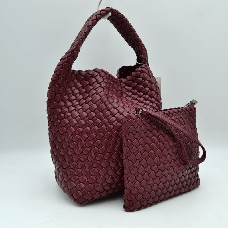 Woven Hobo Bag with Integrated Top Handle and Matching Pouch - Burgundy - Hobo Bags