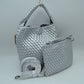 Woven Hobo Bag with Integrated Top Handle and Matching Pouch - Silver - Hobo Bags