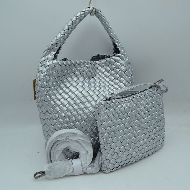 Woven Hobo Bag with Integrated Top Handle and Matching Pouch - Silver - Hobo Bags