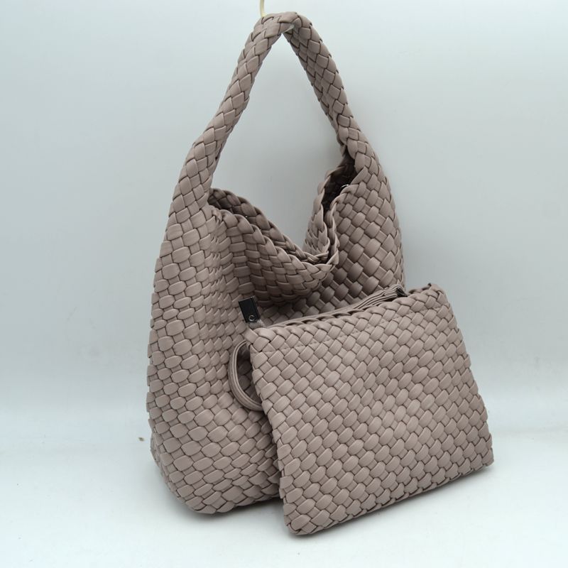 Woven Hobo Bag with Integrated Top Handle and Matching Pouch - Stone - Hobo Bags