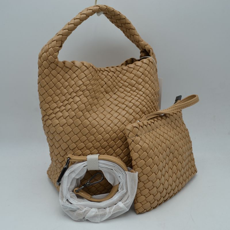 Woven Hobo Bag with Integrated Top Handle and Matching Pouch - Tan - Hobo Bags