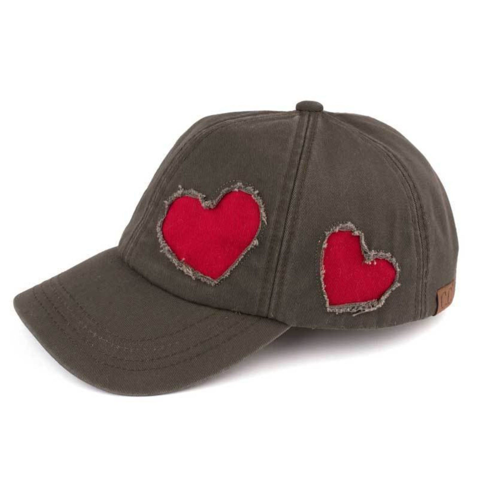 C.C Cotton Baseball Cap With Heart Pattern 100% Cotton - Olive/Red - Baseball Caps