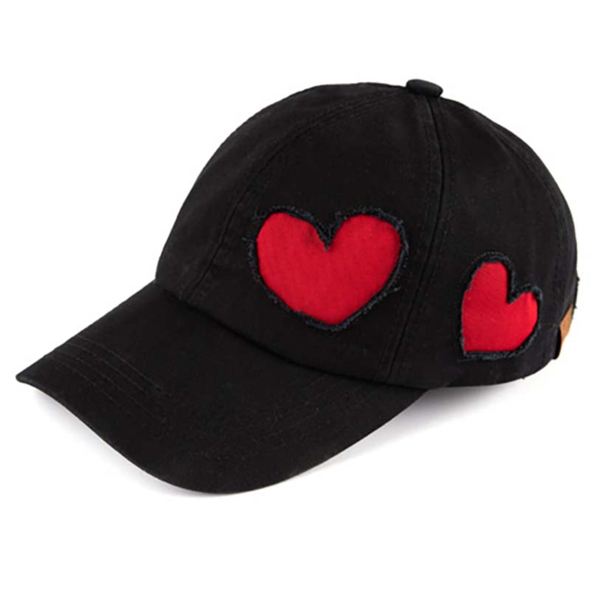 C.C Cotton Baseball Cap With Heart Pattern 100% Cotton - Black / Red - Baseball Caps