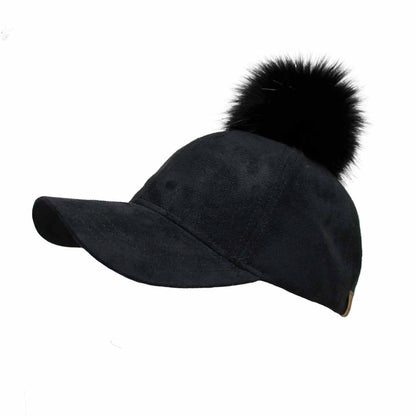 C.C Suede Baseball Cap With Fur Pom Pom 100% Polyester