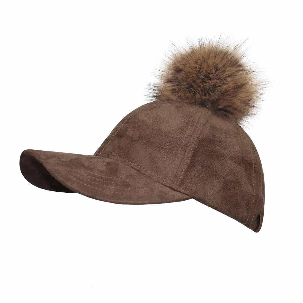 C.C Suede Baseball Cap With Fur Pom Pom 100% Polyester