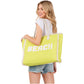 yellow BEACH Message Embroidered Fringe Tote Bag / Beach Bag is perfect for any beach day. With its spacious interior and stylish embroidered fringe detailing, it's both functional and fashionable. Carry all your beach essentials in one convenient and trendy tote. 