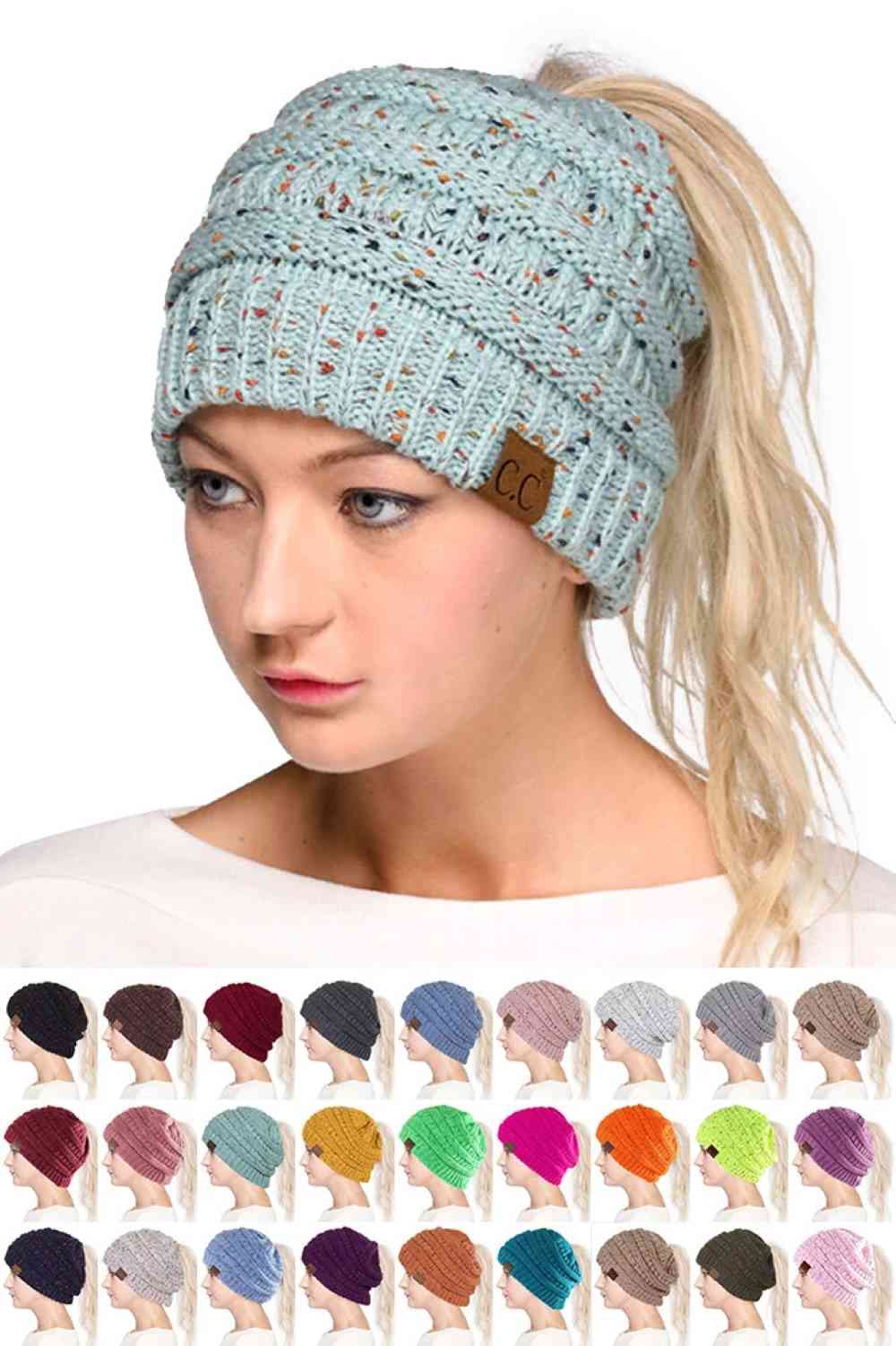 Neon_Yellow The C.C Confetti Ponytail Messy Bun Beanie features a soft knit design with subtle confetti flecks for a fun, playful look. Designed with a convenient opening for ponytails or messy buns, it keeps you warm while allowing you to style your hair comfortably.