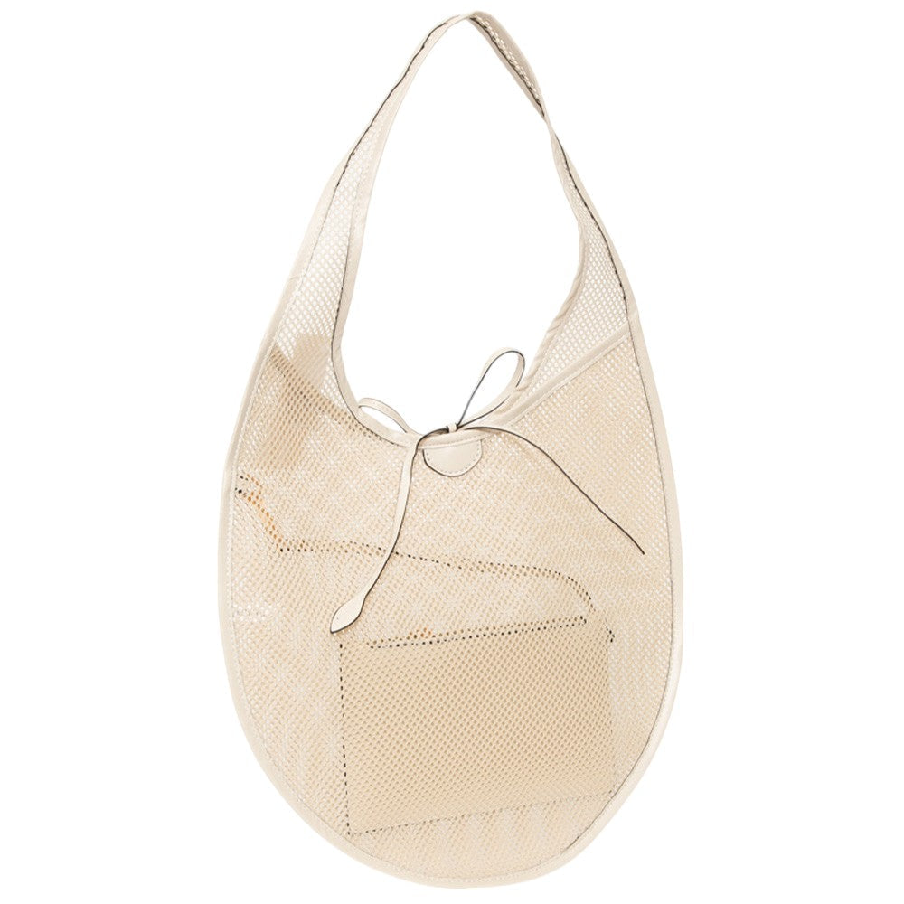 Beige Mesh Tote Bag is perfect for carrying all your essentials while also staying stylish. Made with durable and breathable mesh material, it is ideal for beach trips, picnics, and outdoor activities. Its lightweight design and spacious interior make it a must-have accessory for any adventure.