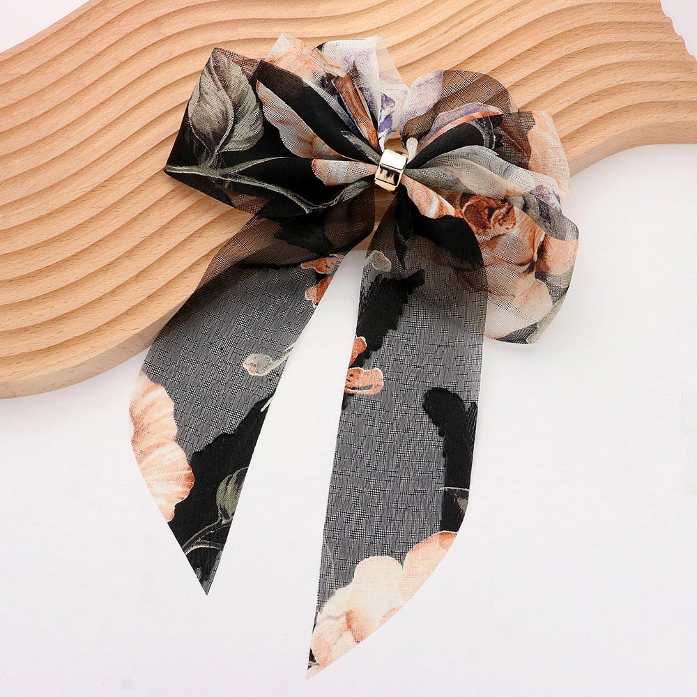 Madeline Love Black Oversized Sheer Floral Print Bow Barrette - Hair Accessories