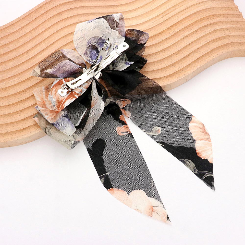 Madeline Love Black Oversized Sheer Floral Print Bow Barrette - Hair Accessories - desc