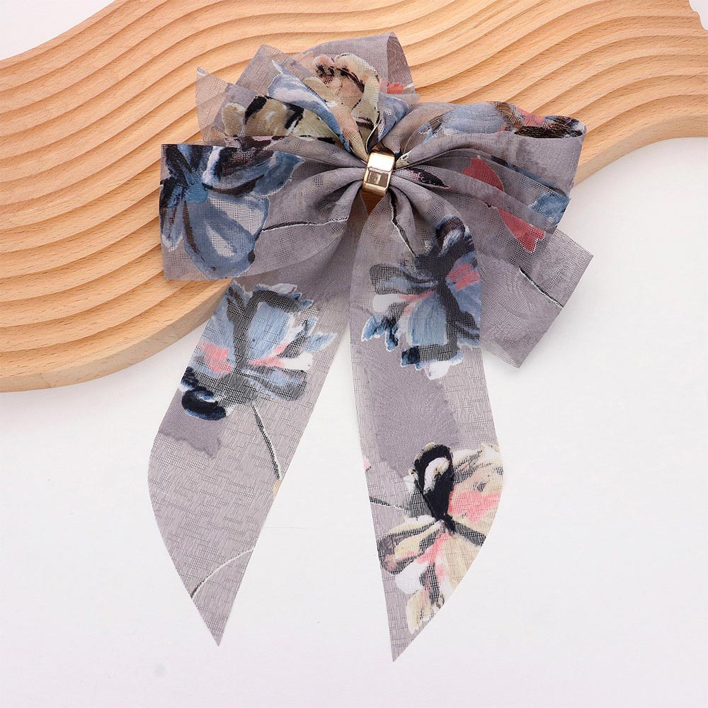 Madeline Love Gray Oversized Sheer Floral Print Bow Barrette - Hair Accessories