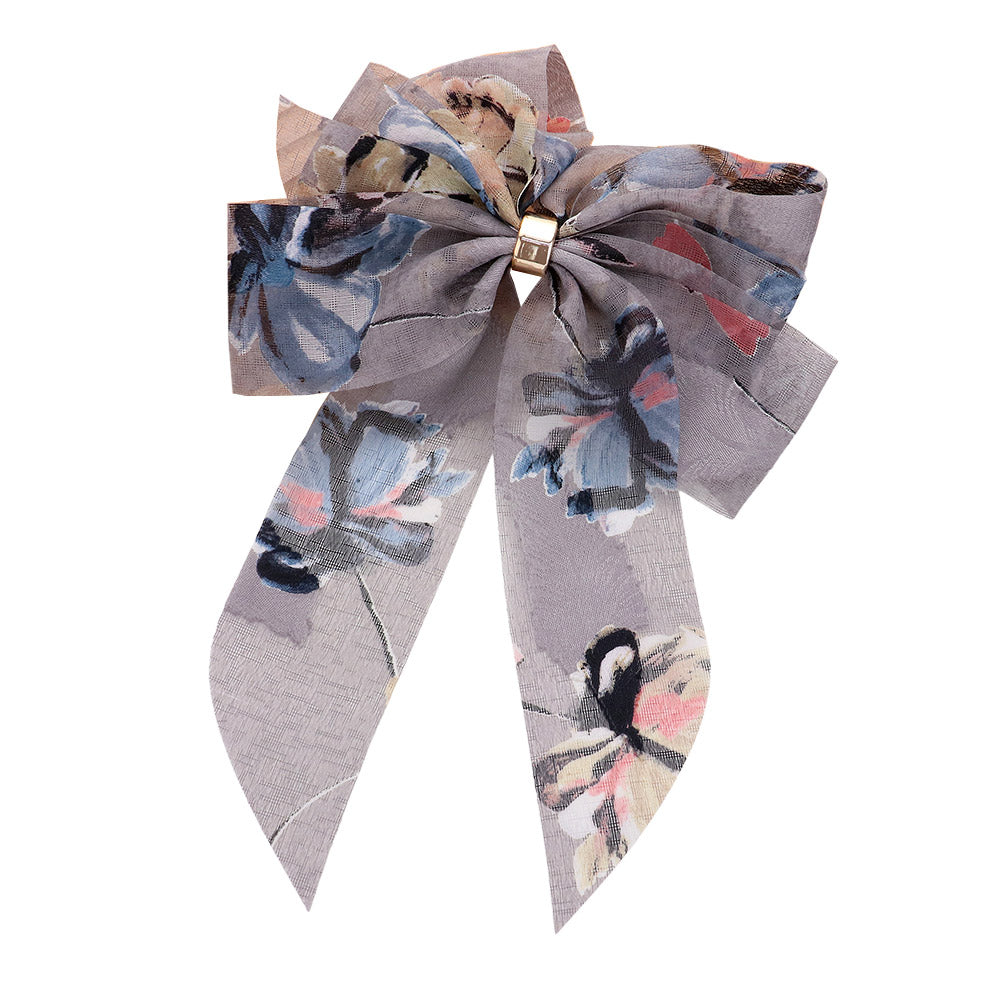 Madeline Love Gray Oversized Sheer Floral Print Bow Barrette - Hair Accessories - extra