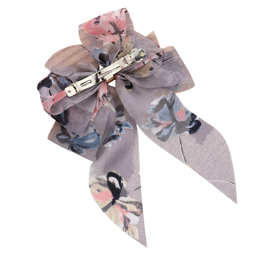 Madeline Love Gray Oversized Sheer Floral Print Bow Barrette - Hair Accessories - extra