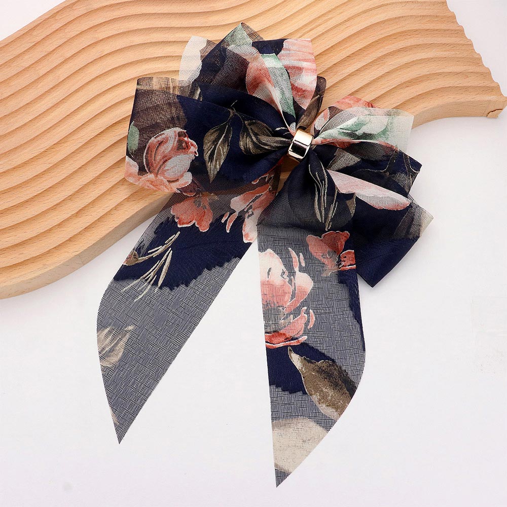 Madeline Love Navy Oversized Sheer Floral Print Bow Barrette - Hair Accessories