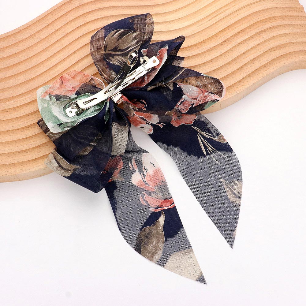 Madeline Love Navy Oversized Sheer Floral Print Bow Barrette - Hair Accessories - desc