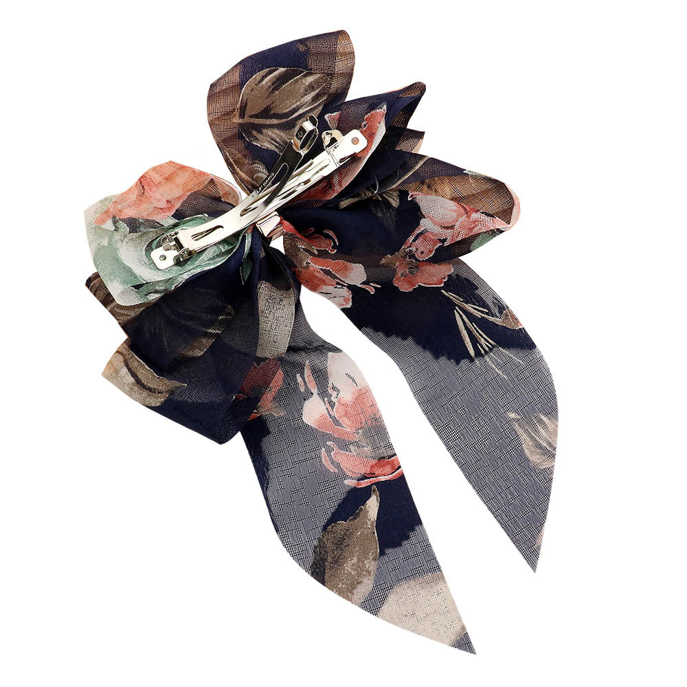 Madeline Love Navy Oversized Sheer Floral Print Bow Barrette - Hair Accessories - extra
