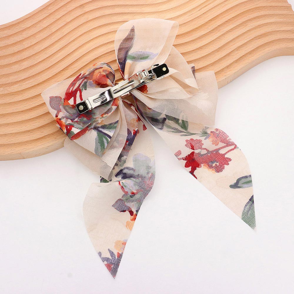 Madeline Love Pink Oversized Sheer Floral Print Bow Barrette - Hair Accessories - desc
