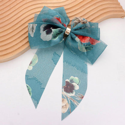 Madeline Love Teal Oversized Sheer Floral Print Bow Barrette - Hair Accessories