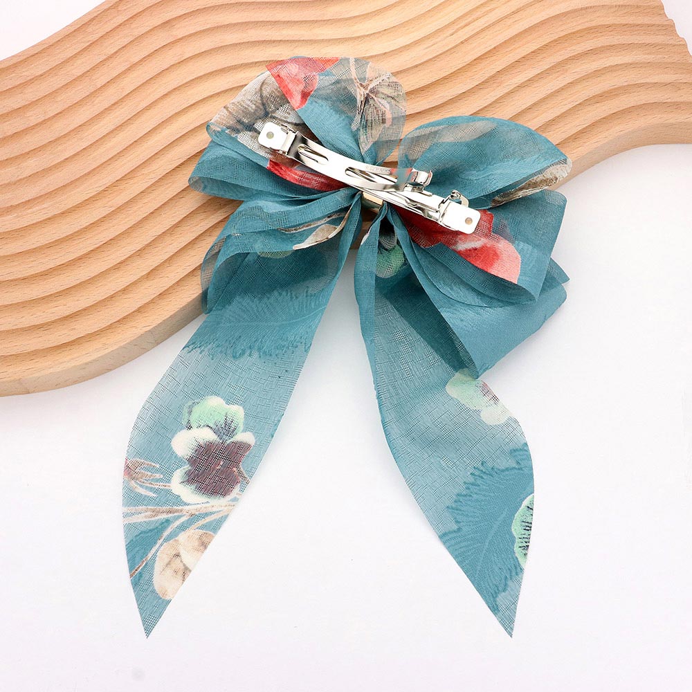 Madeline Love Teal Oversized Sheer Floral Print Bow Barrette - Hair Accessories - desc