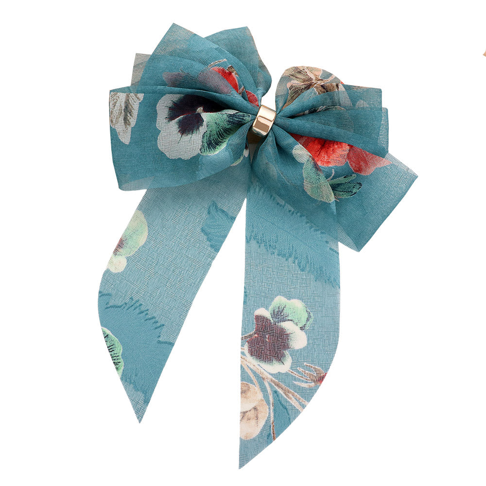 Madeline Love Teal Oversized Sheer Floral Print Bow Barrette - Hair Accessories - extra