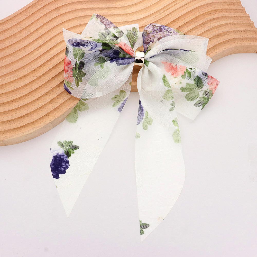 Madeline Love White Oversized Sheer Floral Print Bow Barrette - Hair Accessories