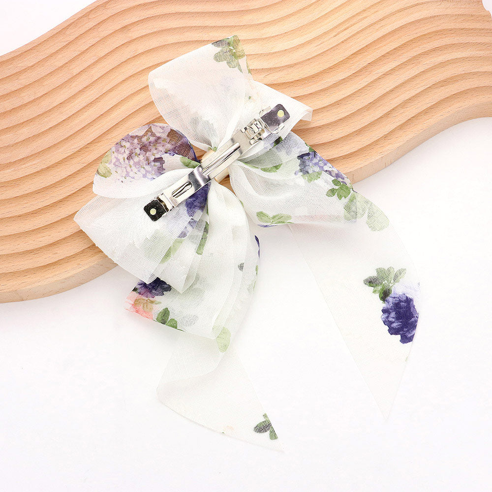 Madeline Love White Oversized Sheer Floral Print Bow Barrette - Hair Accessories - desc