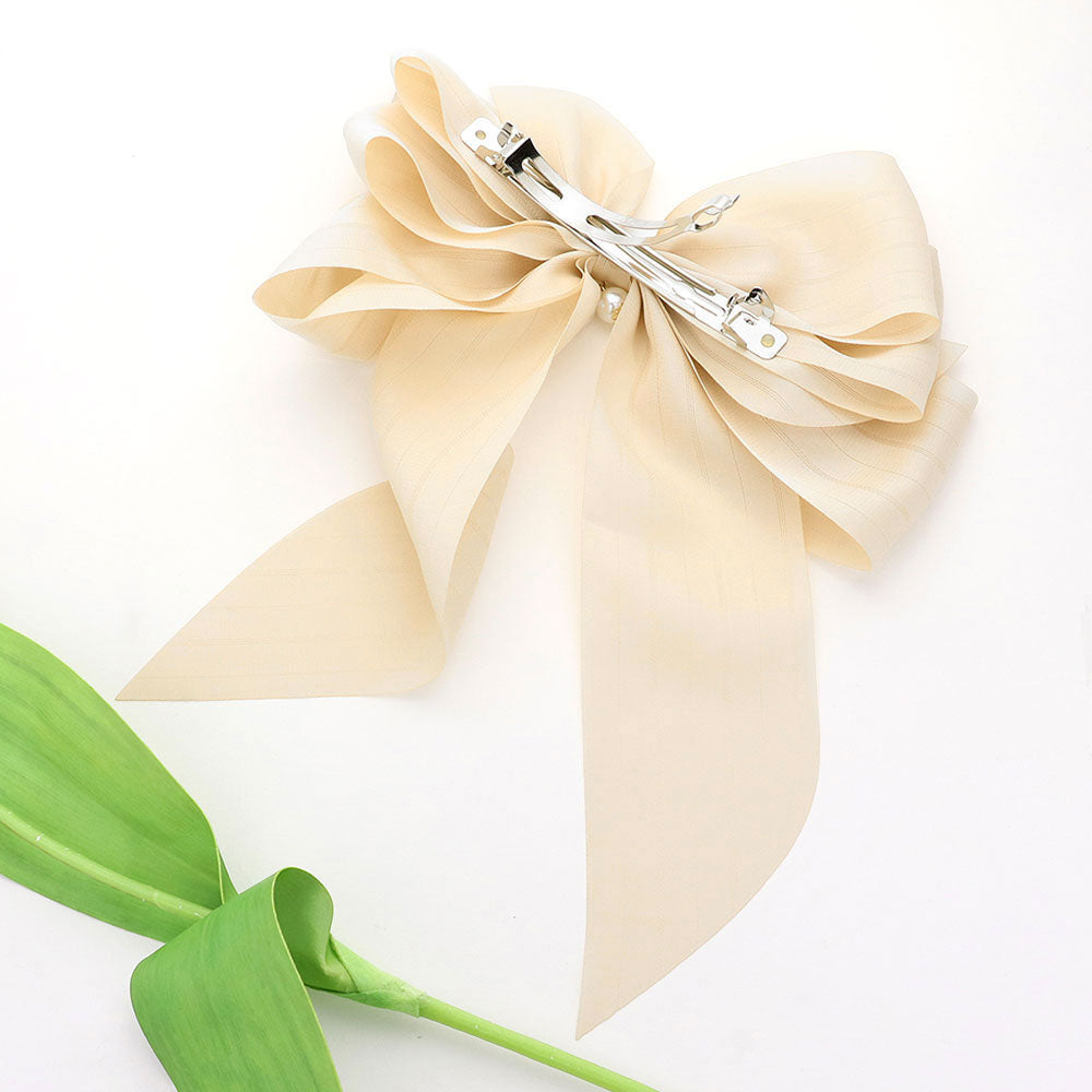 Madeline Love Beige Oversized Pearl Dangle Pointed Bow Barrette - Hair Accessories - desc