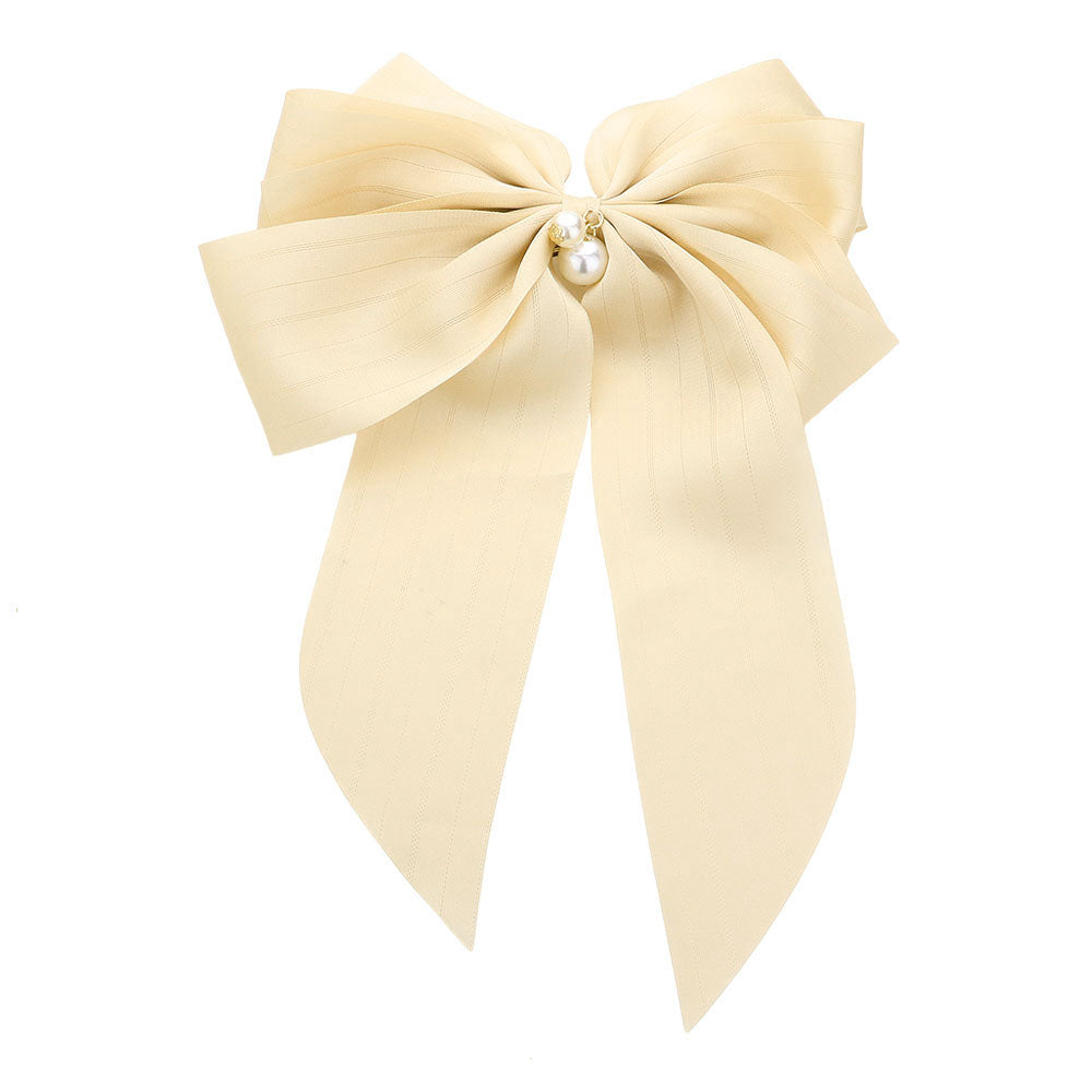 Madeline Love Beige Oversized Pearl Dangle Pointed Bow Barrette - Hair Accessories - extra