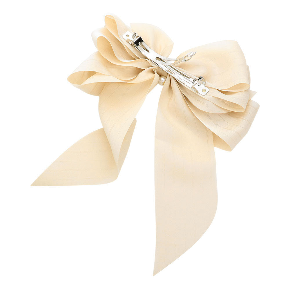 Madeline Love Beige Oversized Pearl Dangle Pointed Bow Barrette - Hair Accessories - extra