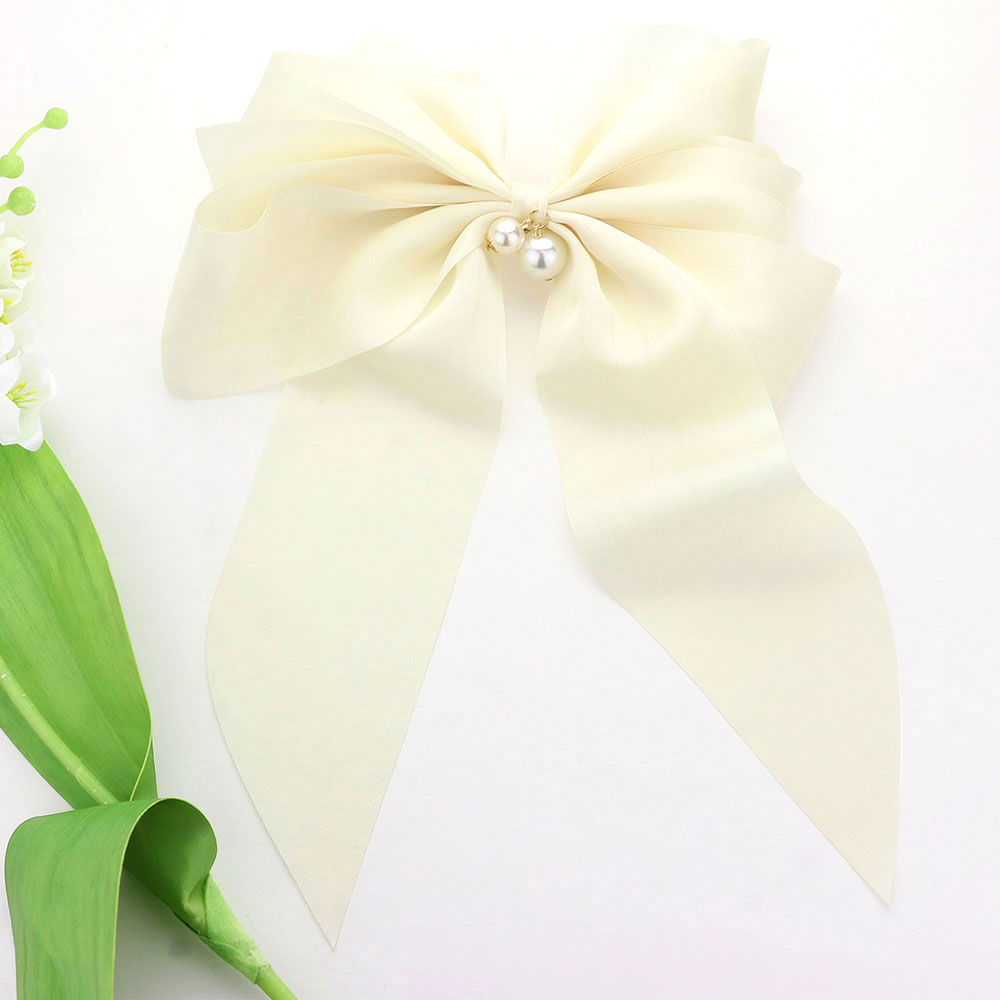 Madeline Love Cream Oversized Pearl Dangle Pointed Bow Barrette - Hair Accessories