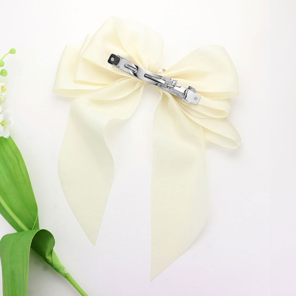 Madeline Love Cream Oversized Pearl Dangle Pointed Bow Barrette - Hair Accessories - desc
