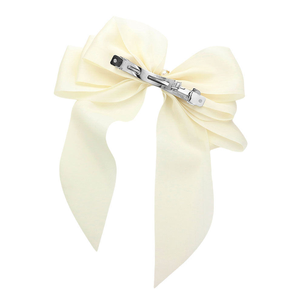 Madeline Love Cream Oversized Pearl Dangle Pointed Bow Barrette - Hair Accessories - extra