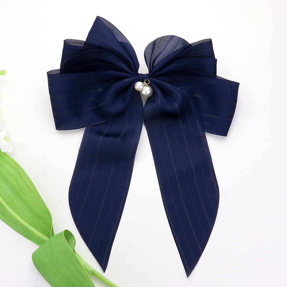 Madeline Love Navy Oversized Pearl Dangle Pointed Bow Barrette - Hair Accessories