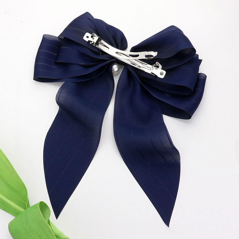 Madeline Love Navy Oversized Pearl Dangle Pointed Bow Barrette - Hair Accessories - desc