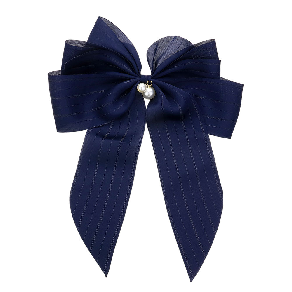 Madeline Love Navy Oversized Pearl Dangle Pointed Bow Barrette - Hair Accessories - extra