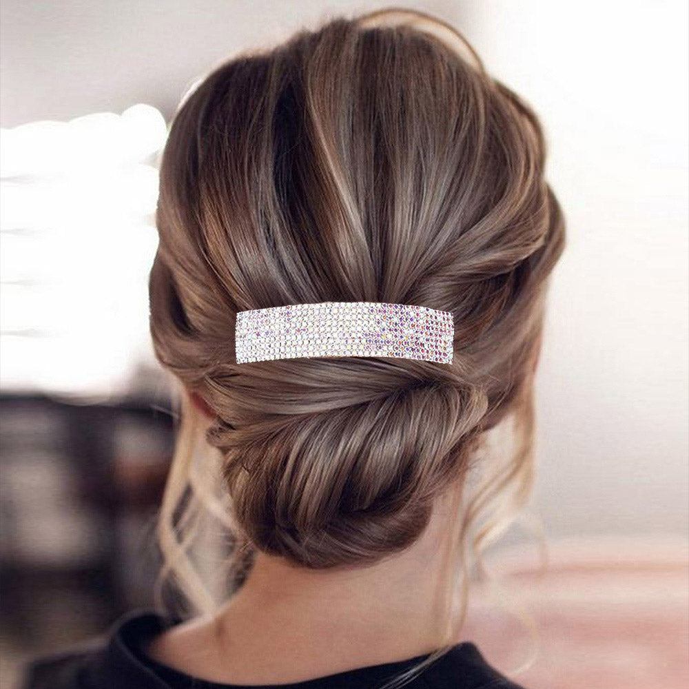 Madeline Love AB, Silver 9Rows Rhinestone Rectangle Barrette - Hair Accessories