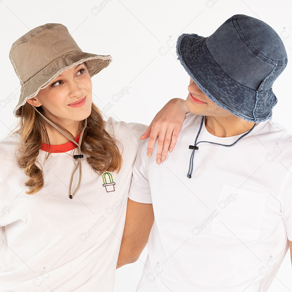C.C Washed Denim Bucket Hat Detachable Drawstring 3" Brim 100% Cotton