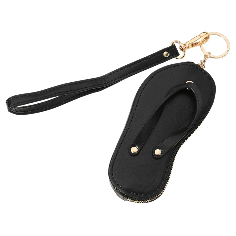 Black Faux Leather Flip-flop Mini Wristlet Bag Charm Coin Purse offers a convenient and stylish way to carry your essentials. Made from durable faux leather, this mini wristlet bag doubles as a charm for your larger bag. Keep your coins, keys, or credit cards easily accessible with this sleek and functional accessory.