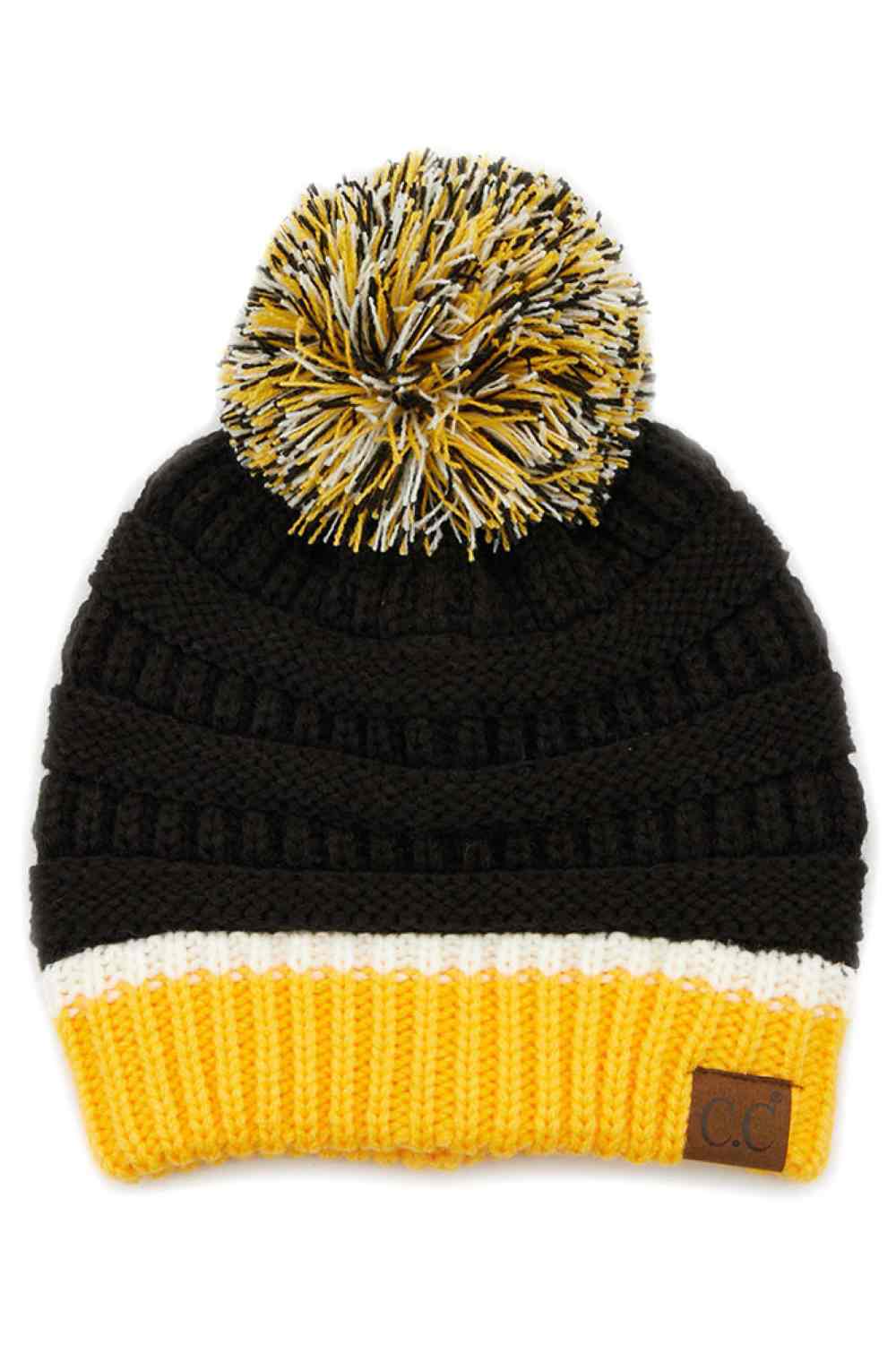 Black Gold The C.C Team Color Ribbed Beanie combines style and comfort in one versatile piece. Crafted from 100% acrylic, this beanie features a classic ribbed knit design with a playful pom on top, making it perfect for staying warm during chilly days.