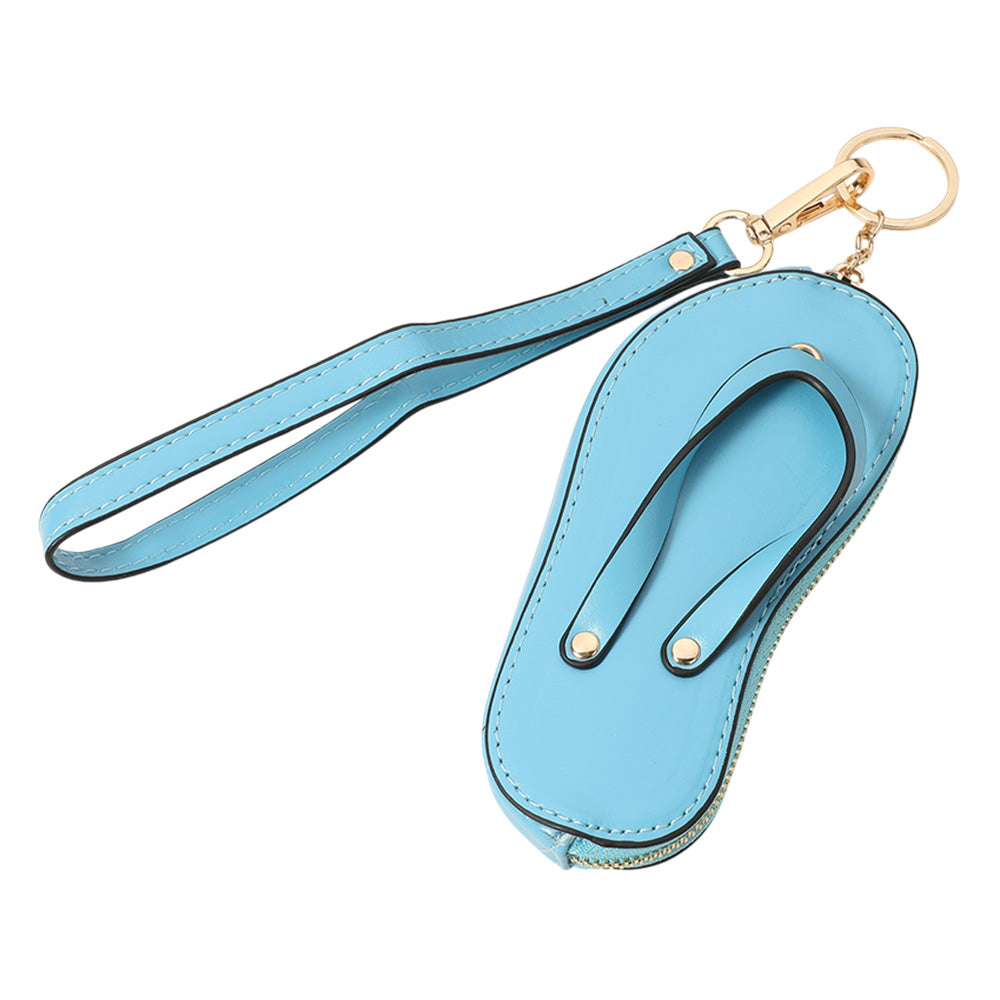 Blue Faux Leather Flip-flop Mini Wristlet Bag Charm Coin Purse offers a convenient and stylish way to carry your essentials. Made from durable faux leather, this mini wristlet bag doubles as a charm for your larger bag. Keep your coins, keys, or credit cards easily accessible with this sleek and functional accessory.